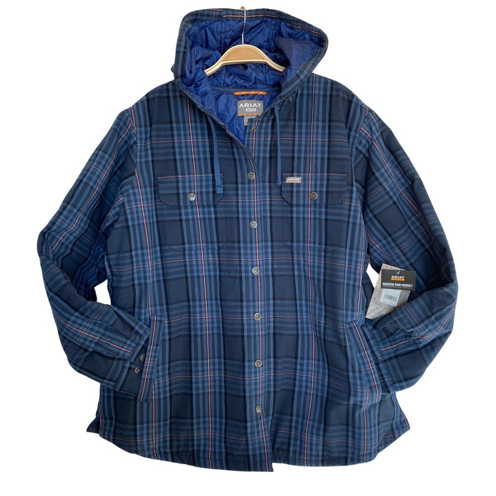 Ariat Rebar Flannel Hooded Shacket Shirt Jacket Women XXL Blue Plaid NWT